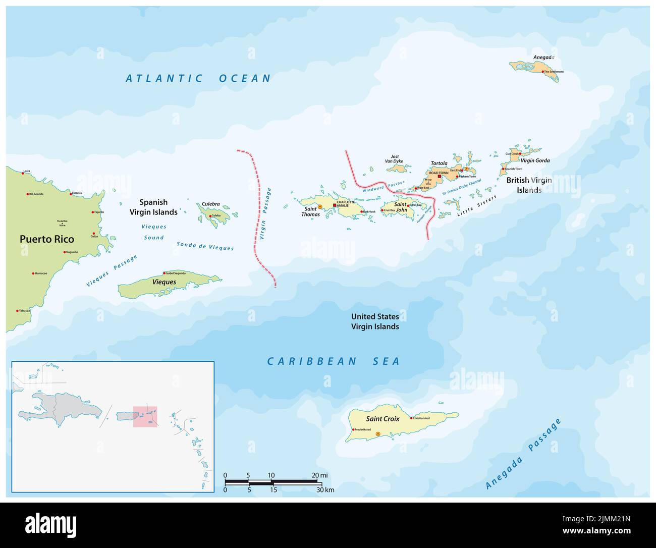 Mapa vectorial de las Islas Vírgenes Británicas, Españolas y Americanas Foto de stock