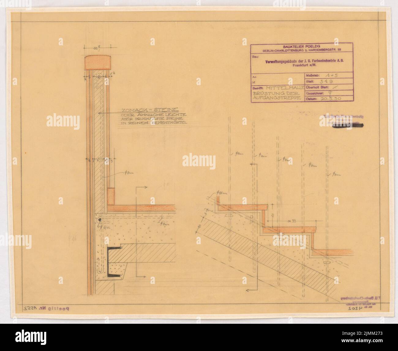 Poelzig Hans (1869-1936), I.G.-colors in Frankfurt/Main. Edificio de Administración (20 de mayo de 1930): Salón Medio: Breamer de la escalera, corte con refuerzo 1: 5. Lápiz sobre transparente, 43,2 x 53,1 cm (incluidos los bordes de escaneo) Foto de stock