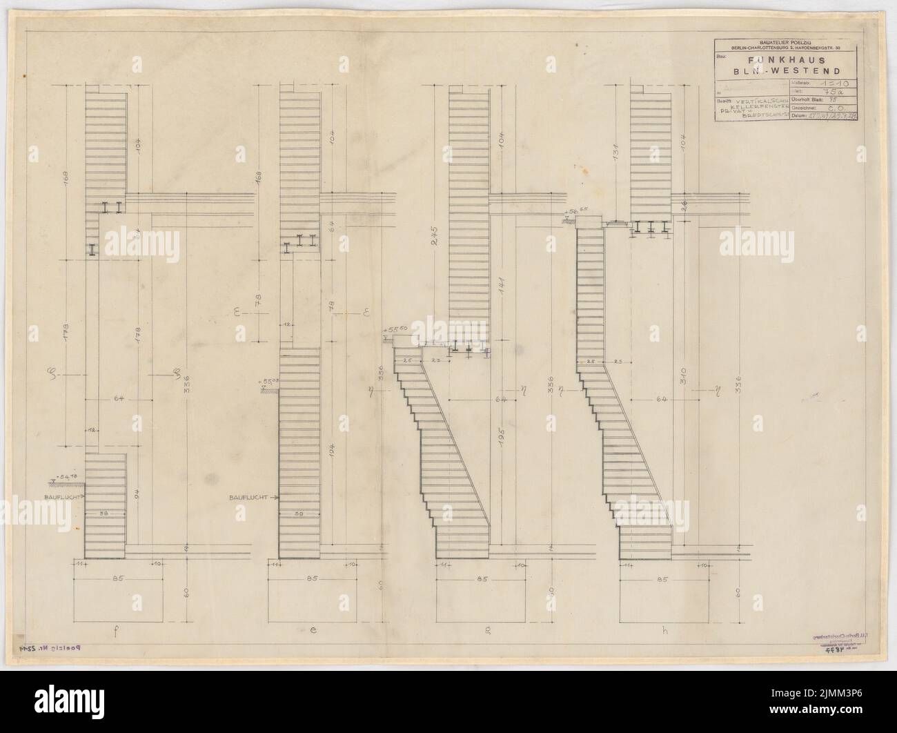 Poelzig Hans (1869-1936), Casa de Radio, Berlín (29 de julio de 1929): Proyecto de ejecución, ventana Keller, Privada y Bredtschneiderstrasse, corte vertical 1:10. Lápiz sobre transparente, 63,9 x 85,5 cm (incluidos los bordes de escaneo) Foto de stock