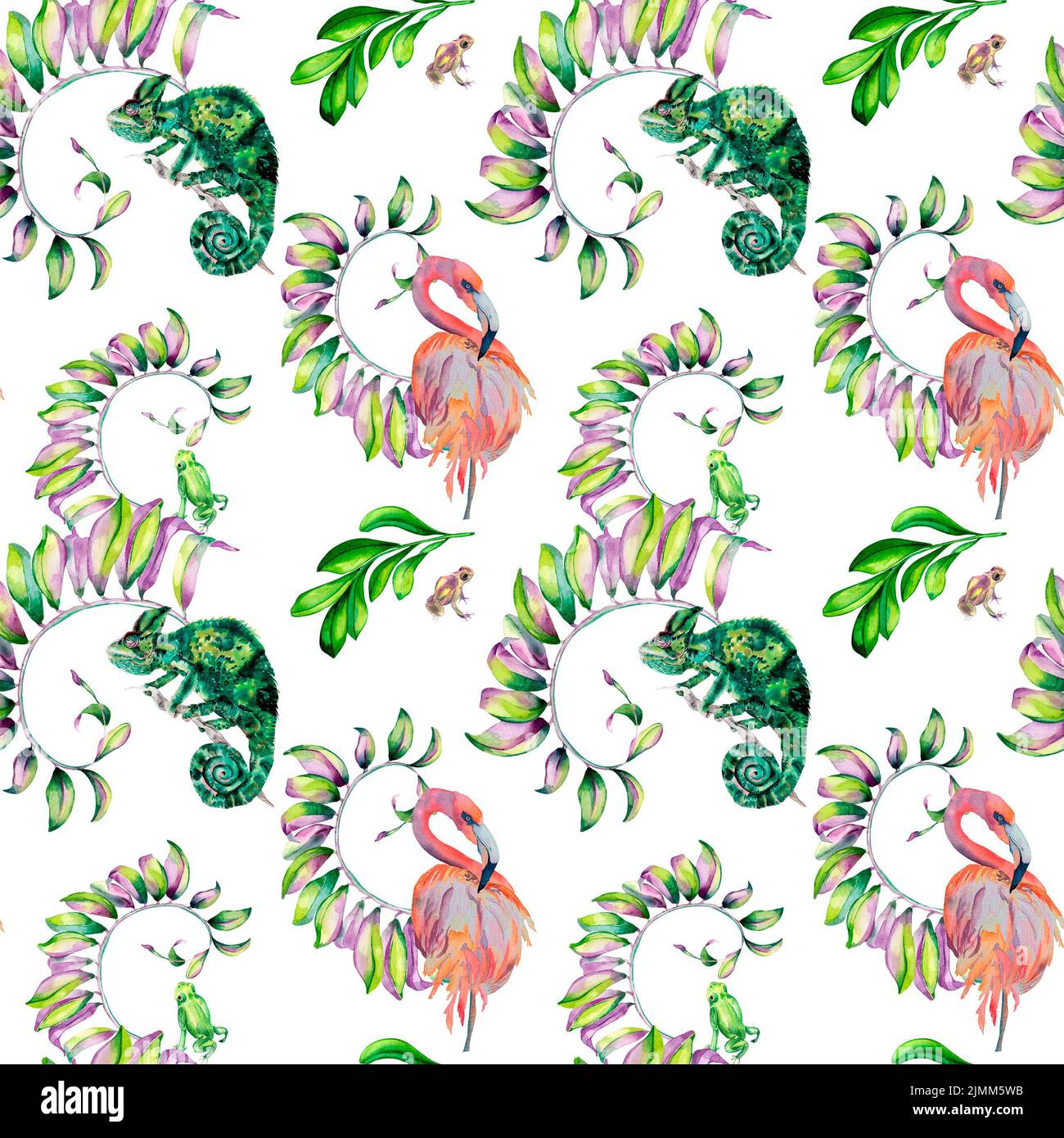 Animales exóticos con ornamentación floral acuarela ilustración sin costuras patrón sobre blanco. Flamenco pájaro tropical, camaleón pintado a mano. Diseño para tela Foto de stock