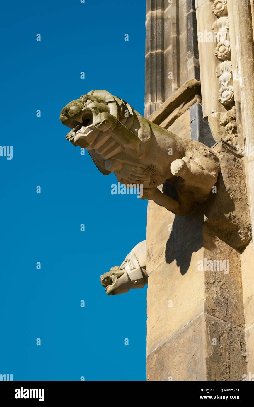 Gárgolas de arenisca en la fachada medieval de la catedral gótica de Magdeburg en Alemania Foto de stock