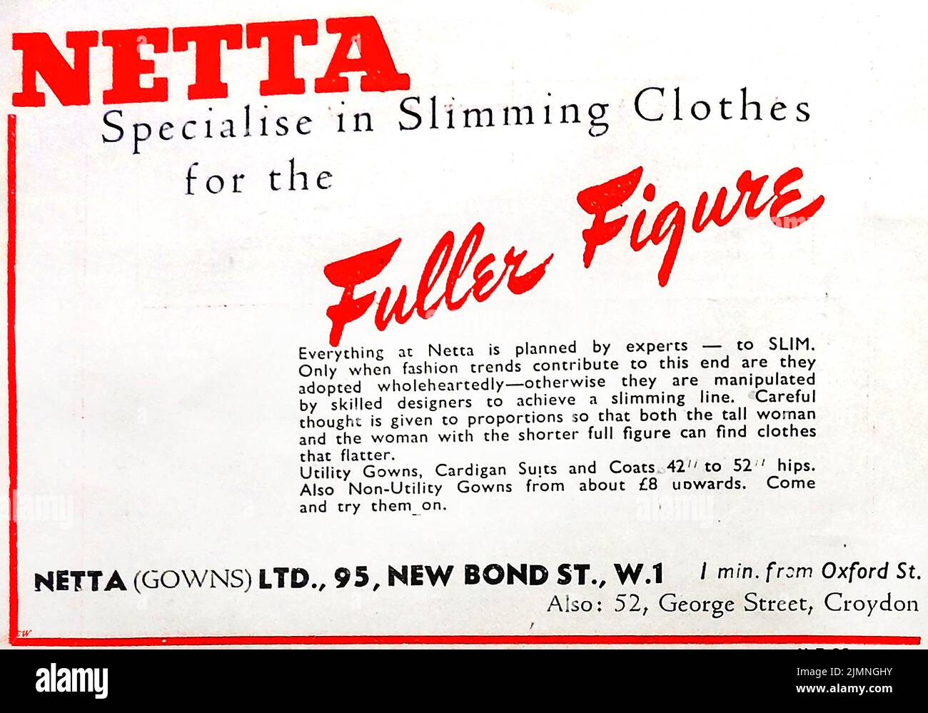 Un viejo anuncio de 1946 para Netta Gows especialista en adelgazamiento de ropa para la figura más completa Foto de stock