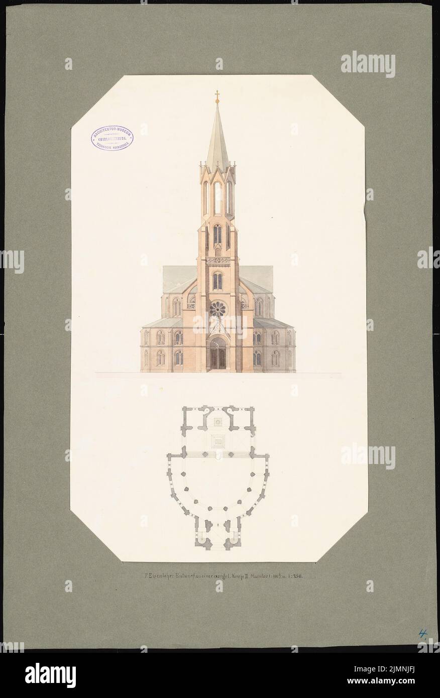 Eisenlohr Friedrich (1805-1855), Iglesia Evangélica (sin dat.): 2nd diseño:  Superior 1: 166 2/3 y planta 1: 250. Tinta, lápiz acuarela sobre papel,  69,8 x 47 cm (incluidos los bordes de escaneo Fotografía de stock - Alamy