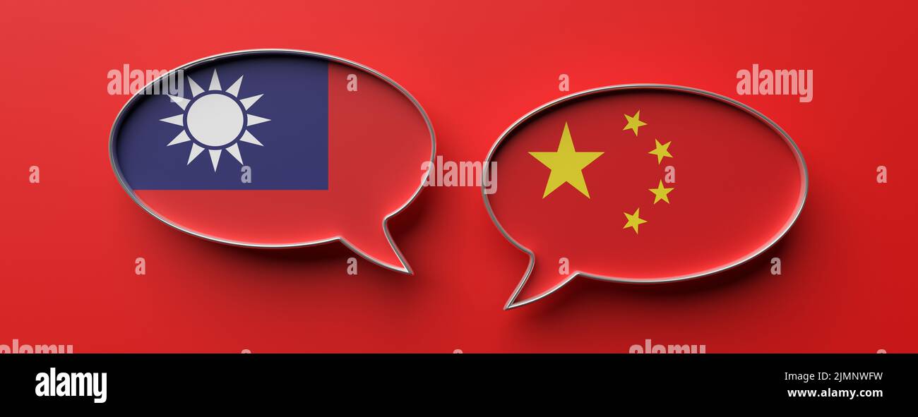Comunicación entre Taiwán y China. Burbujas de diálogo con banderas nacionales, fondo rojo. presentación 3d Foto de stock