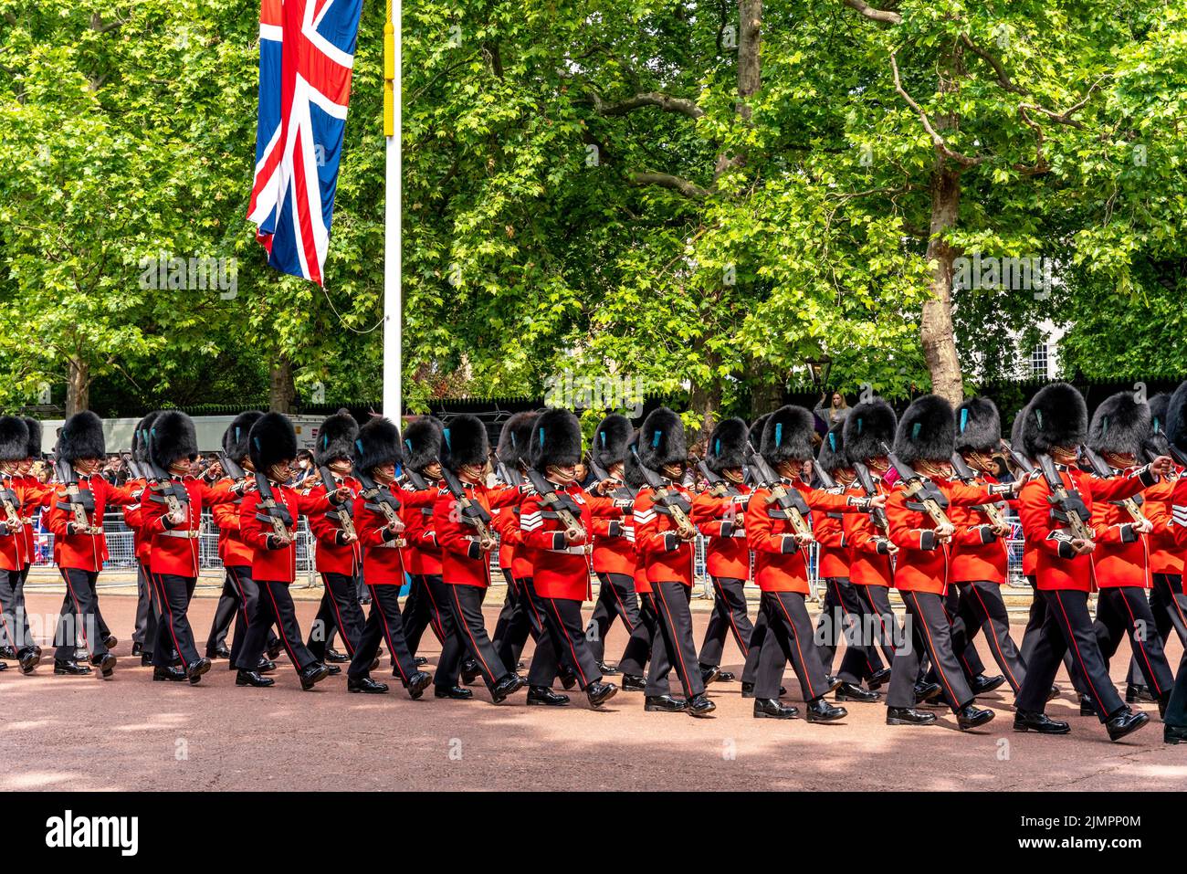 Los guardias irlandeses participan en el desfile de cumpleaños de la reina marchando a lo largo del centro comercial para la ceremonia de Trooping of the Colour, Londres, Reino Unido. Foto de stock