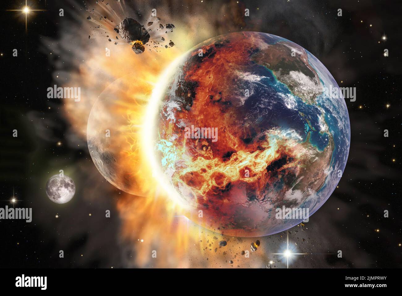 Colisión de un enorme meteorito con el planeta Tierra. Elementos de esta imagen proporcionados por la NASA. Foto de stock