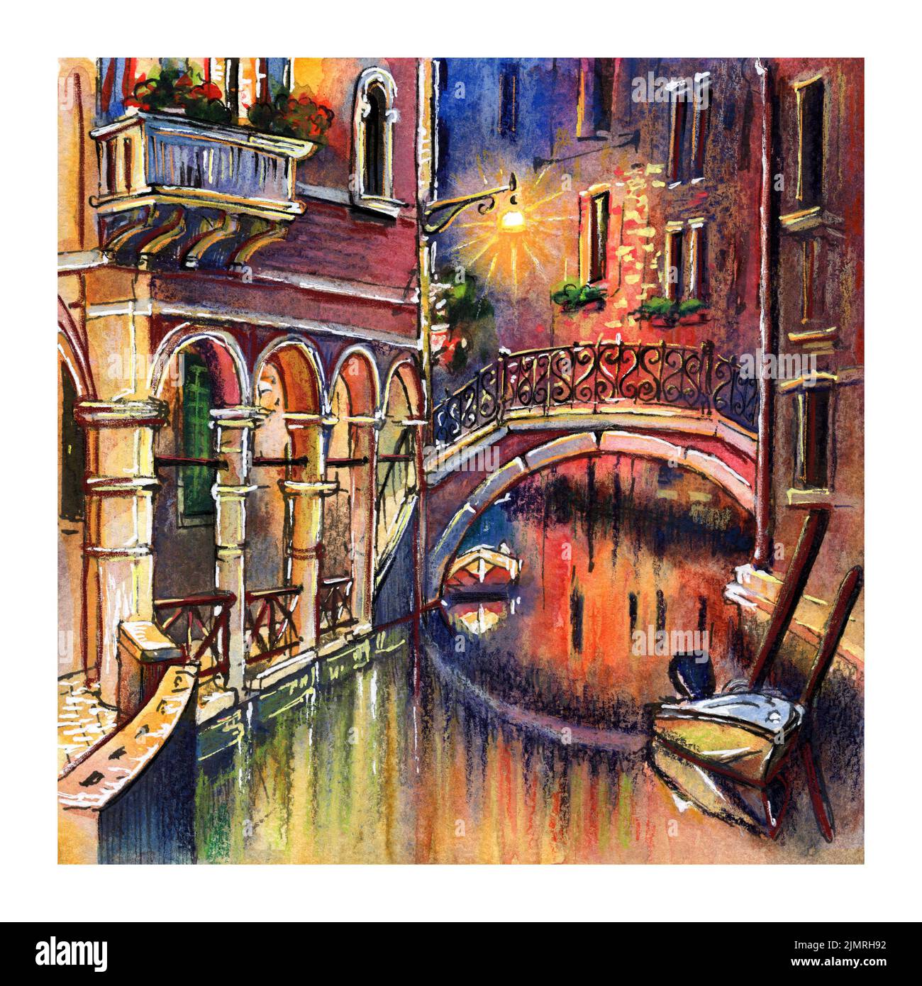 Dibujo de acuarela del canal nocturno y puentes en Venecia, Italia Foto de stock