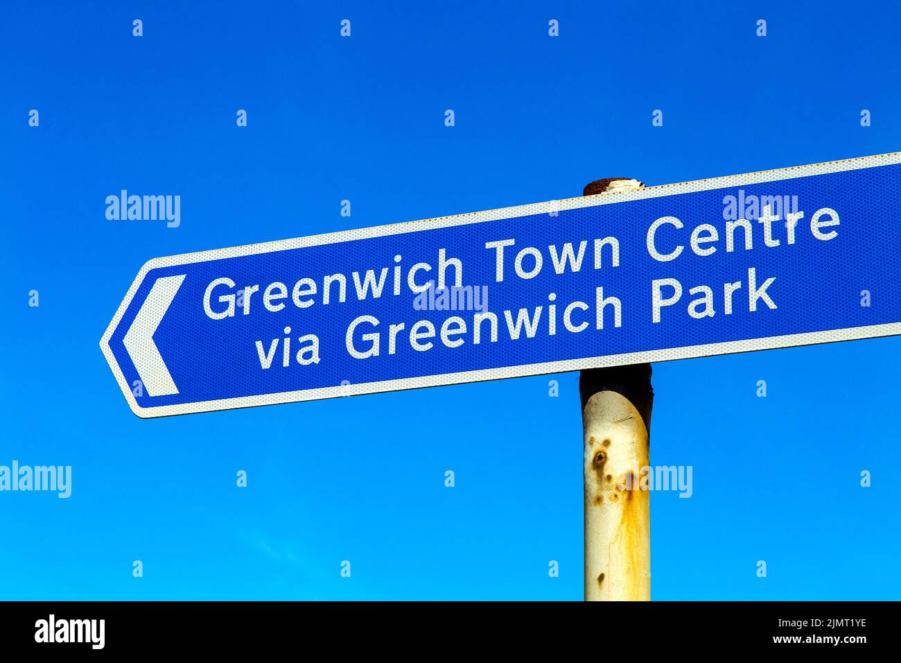 Indicación en dirección al centro de Greenwich, Londres, Reino Unido Foto de stock