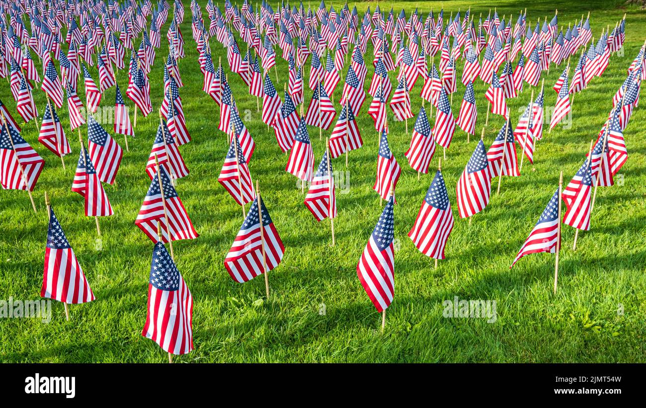 Las banderas americanas decoran el Barre Common Foto de stock