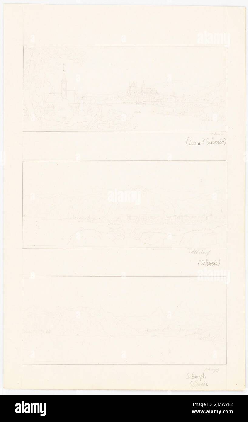 Quast Ferdinand von (1807-1877), Thun, Altdorf y Schwyz. (Desde: Vistas de luz de Alemania, Austria, Italia y Suiza) (sin fecha): Tres vistas de la ciudad de Thun (en primer plano Thun See, a Merian aprox. 1645), la ciudad de Altdorf y los alrededores, Schwyz (desde el lago, aquí, después. Lápiz, tinta sobre papel, 33,2 x 20,9 cm (incluidos los bordes de escaneo) Quast Ferdinand von (1807-1877): Thun, Altdorf und Schwyz. (AUS: Ortsansichten aus Deutschland, Österreich, Italien und der Schweiz) Foto de stock