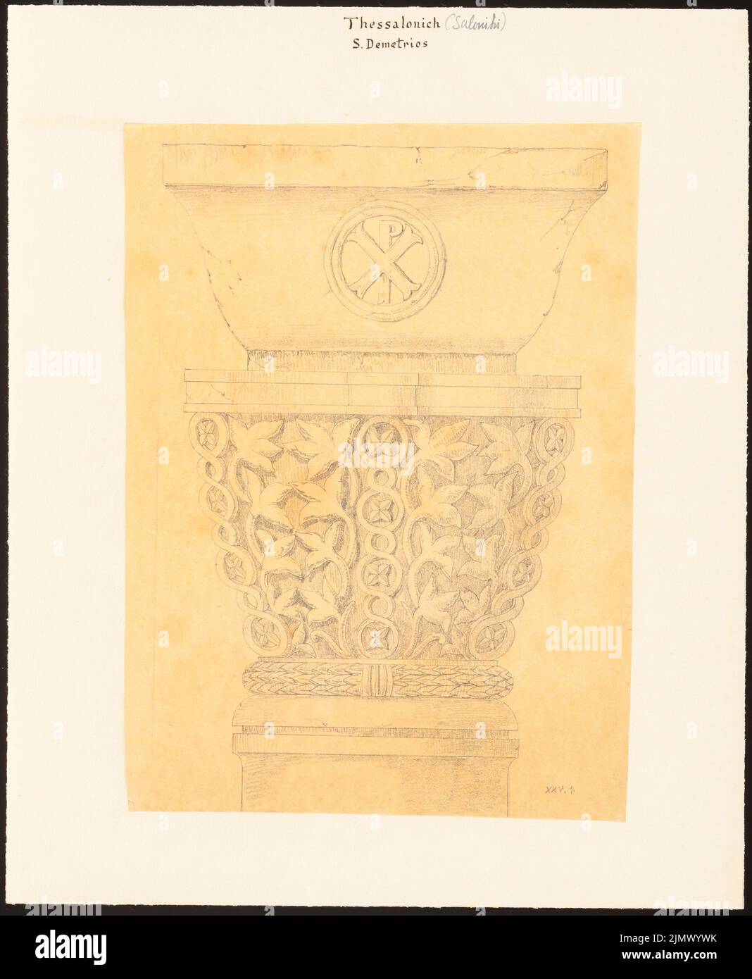Quast Ferdinand von (1807-1877), S. Demetrios in Saloniki/Thessaloniki (sin DAT.): Por nombres: Vista de una columna con el monograma de Cristo (presumiblemente según Charles Texier y Richard P. Pullan, XXV.1.). Lápiz sobre transparente, 35,4 x 29,1 cm (incluidos los bordes de escaneo) Quast Ferdinand von (1807-1877): S. Demetrios, Tesalónica Foto de stock