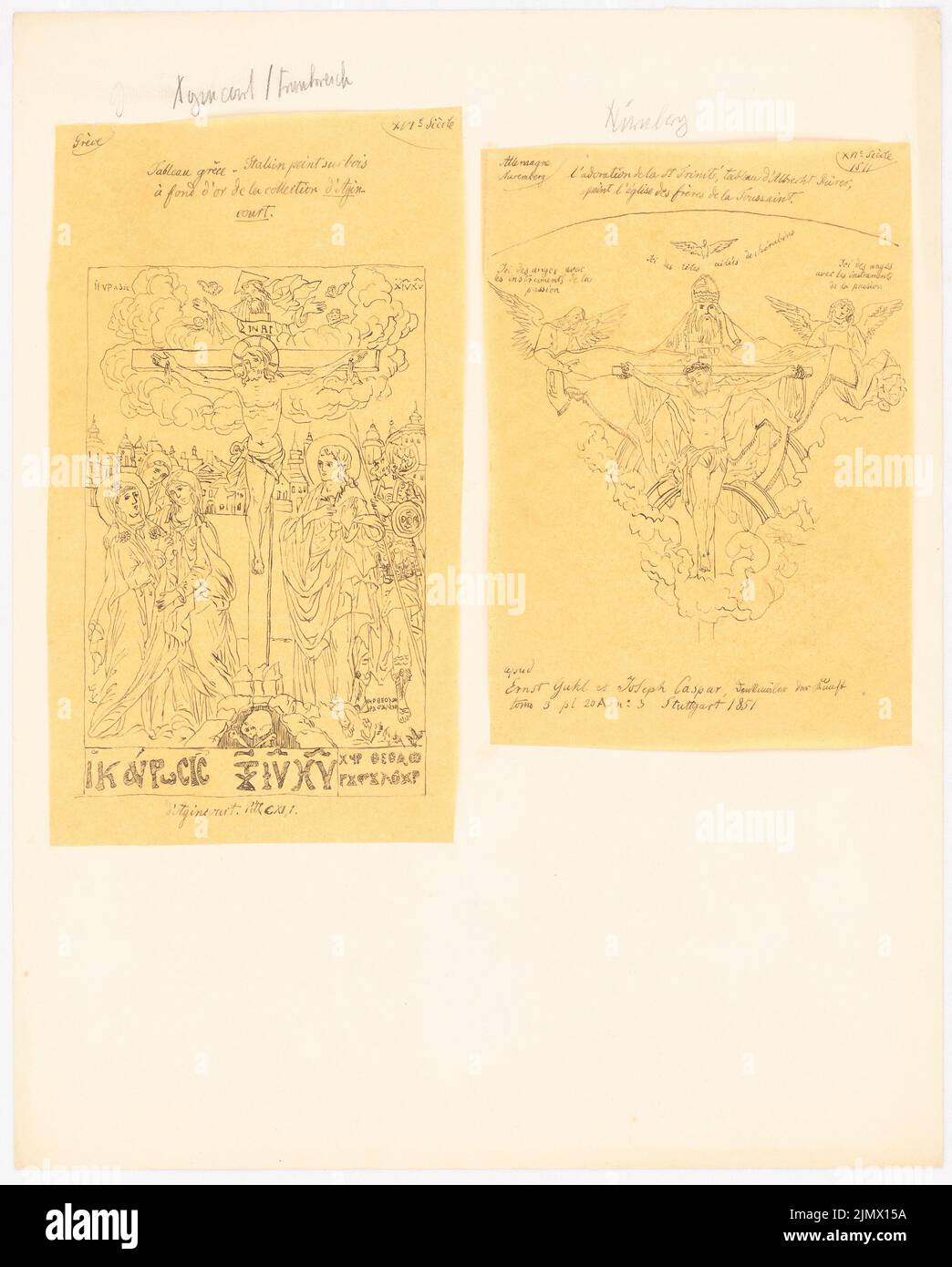 Quast Ferdinand von (1807-1877), crucifijos sobre un cuadro de crucifixión griega del siglo 16th (Collection d'Agincourt) y en la Adoración de los Dreieini en madera de Albrecht Dürer (1851): Dos hojas con seguimiento o a través de dibujos de: Colección de los excelentes monumentos de la escultura preferentemente en Italia desde el IV hasta el XVI Yah. Tinta sobre transparente, 36,1 x 29 cm (incluidos los bordes escaneados) Quast Ferdinand von (1807-1877): Kruzifixe auf einem griechischen Kreuzigungsgemälde aus dem 16. JH. (Sammlung d'Agincourt) und in dem Albrecht Dürer Holzschnitt Anbetung der Dreieinigkeit (1511), Nür Foto de stock