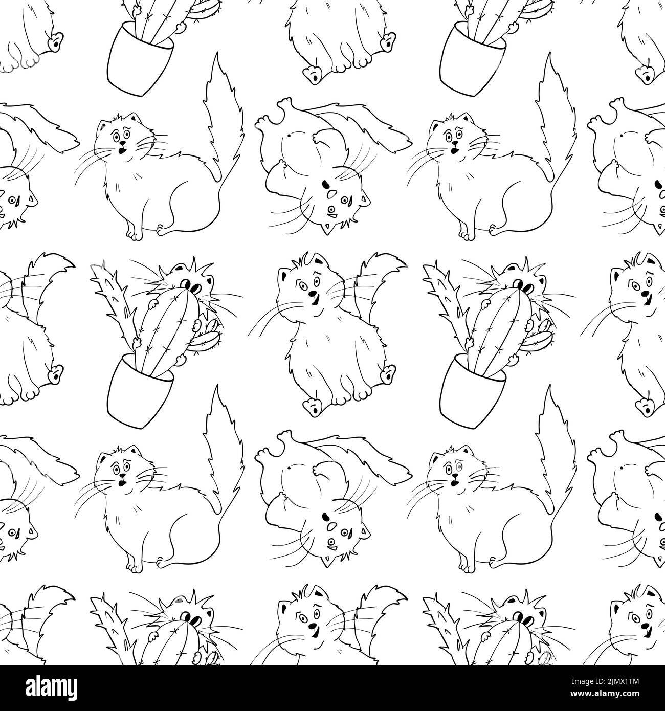 Divertido patrón de gato. Diseño vectorial sin costuras con divertidos gatos. Ilustración de garabatos. Un gato abrazando un cactus. Clipart Ilustración del Vector