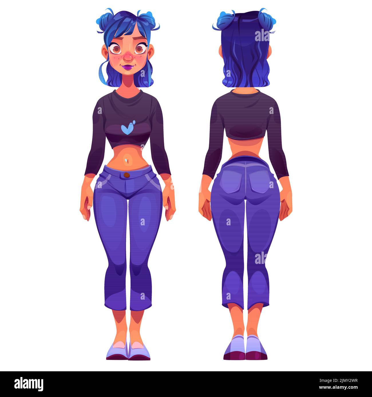 Caricatura joven de pie, frente y atrás ver el personaje de animación del juego. Ilustración vectorial de chica delgada con pelo azul y colorido maquillaje en jeans informales y top. Libertad de expresión Ilustración del Vector