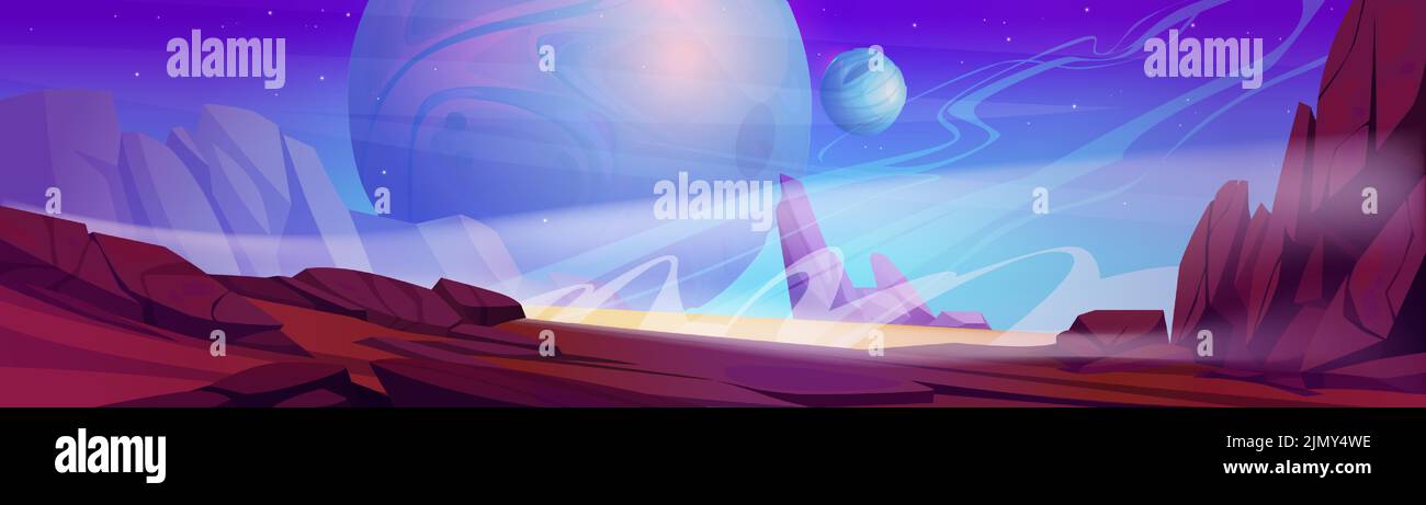 Ilustración de dibujos animados de paisaje espacial. Vector panorama de fantástico planeta alienígena con superficie rocosa roja y muchas estrellas que brillan en el horizonte. Fondo de juego de aventura cósmica. Exploración de Galaxias Ilustración del Vector