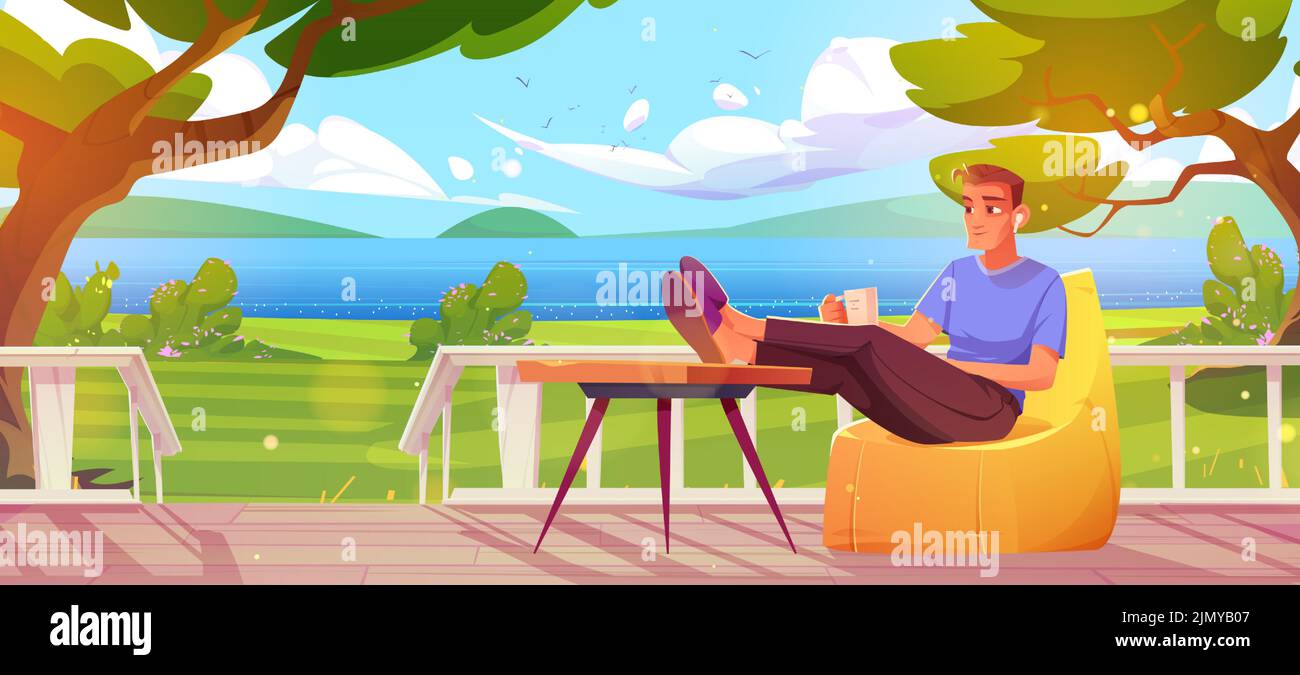 Hombre con una taza de café y almohadillas Relájese en la terraza exterior de la casa con la hermosa naturaleza paisaje campo de verano, árboles y vistas al estanque. El personaje masculino descansa en un patio vallado de madera, ilustración de vectores de dibujos animados Ilustración del Vector
