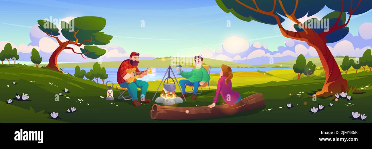 Amigos acampando, la gente se relaja en el campamento del bosque tocando la guitarra y beber té en el fuego. Hombres y mujeres turistas ocio de verano, vacaciones de senderismo o viajar actividad turística, Cartoon ilustración de vectores Ilustración del Vector