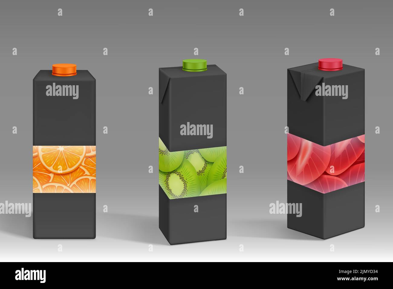 Envases de cartón negro con estampado de frutas para zumo en la vista frontal y en ángulo. Vector realista 3D Moqueta de recipientes para bebida jugosa con tapas de plástico y patrón de fresa, naranja y kiwi Ilustración del Vector