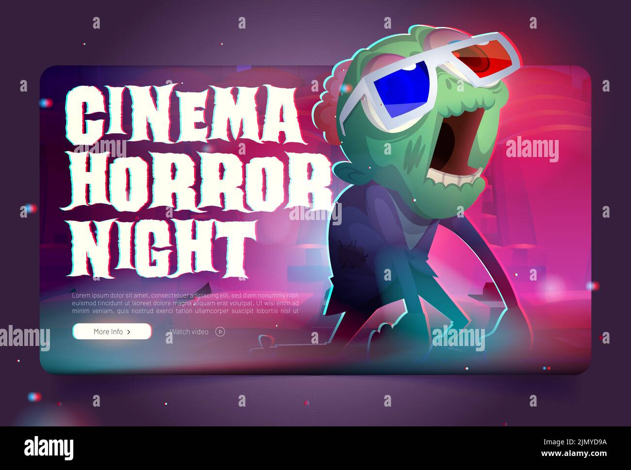 Página de aterrizaje de la noche de terror de cine, plantilla de dibujos animados. Ilustración vectorial de una criatura zombie loca en gafas 3D en el sitio web. Anuncio del festival de cine aterrador. Invitación para evento de entretenimiento Ilustración del Vector