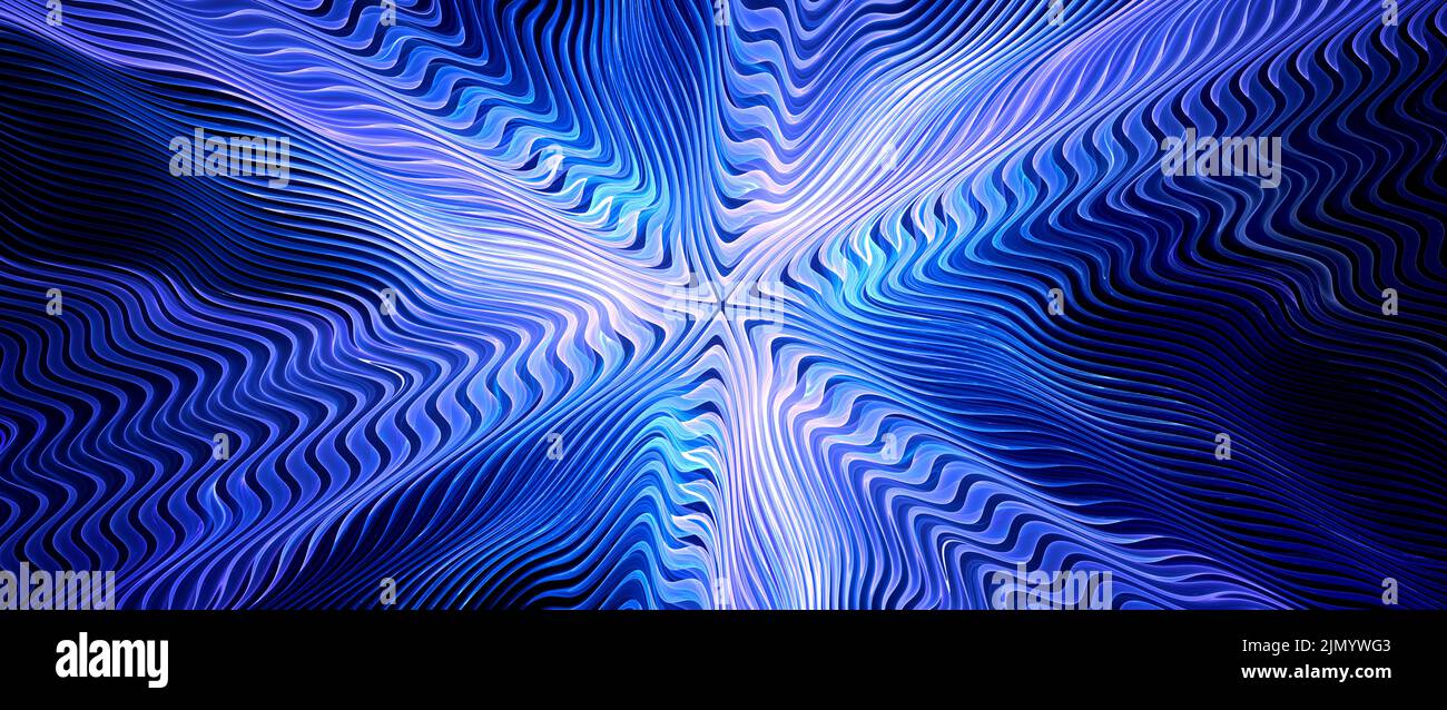 Azul brillante ondas gravitacionales en el espacio generado por computadora fondo abstracto, representación 3D Foto de stock