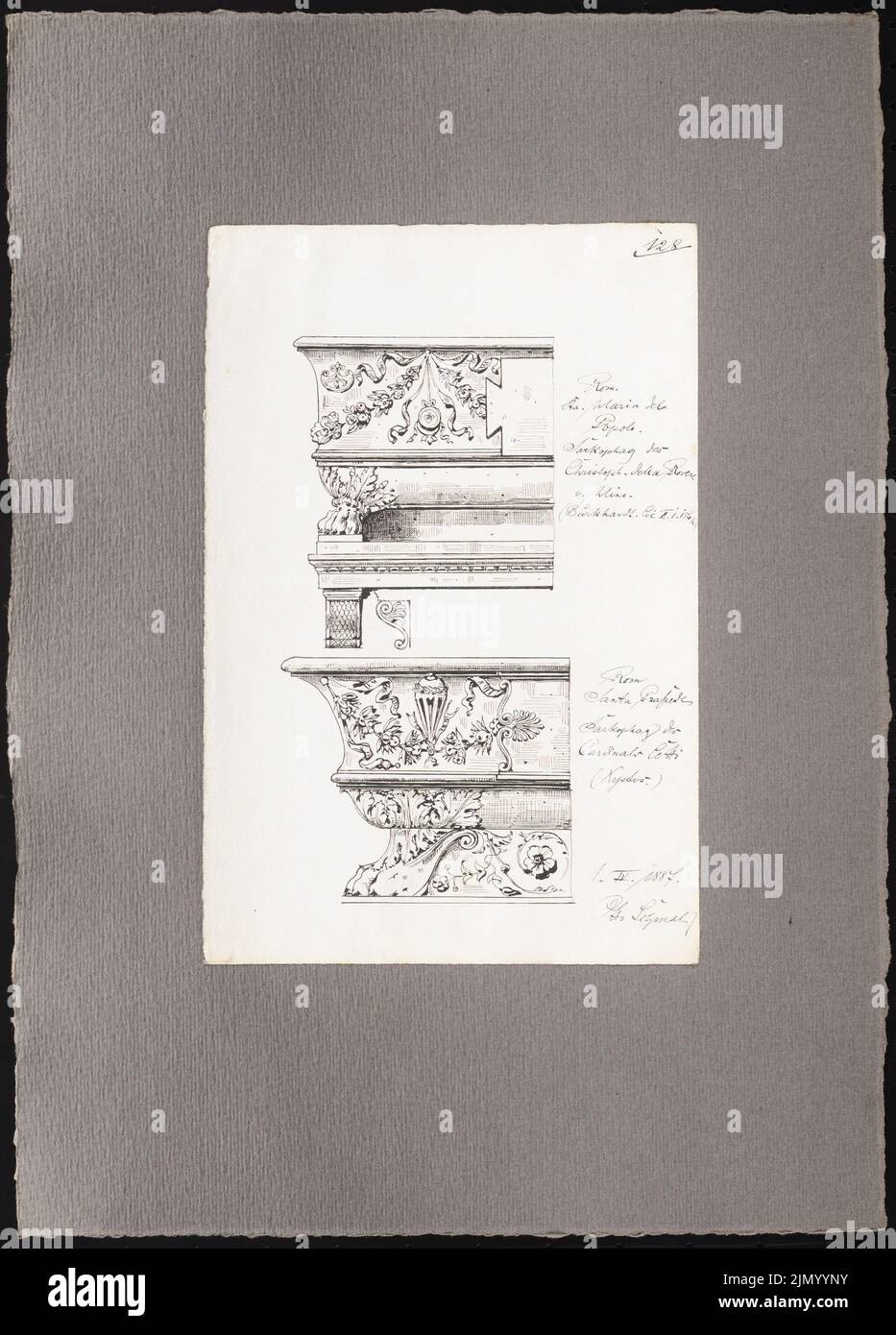 Schmalz Otto (1861-1915), bocetos de viaje de Pompeya, Nápoles y Roma (01.04.1887): Roma: Sarcófagos en la S. Maria del Popolo (vistas). Tinta sobre papel, 42,9 x 30,8 cm (incluidos los bordes de escaneo) Foto de stock