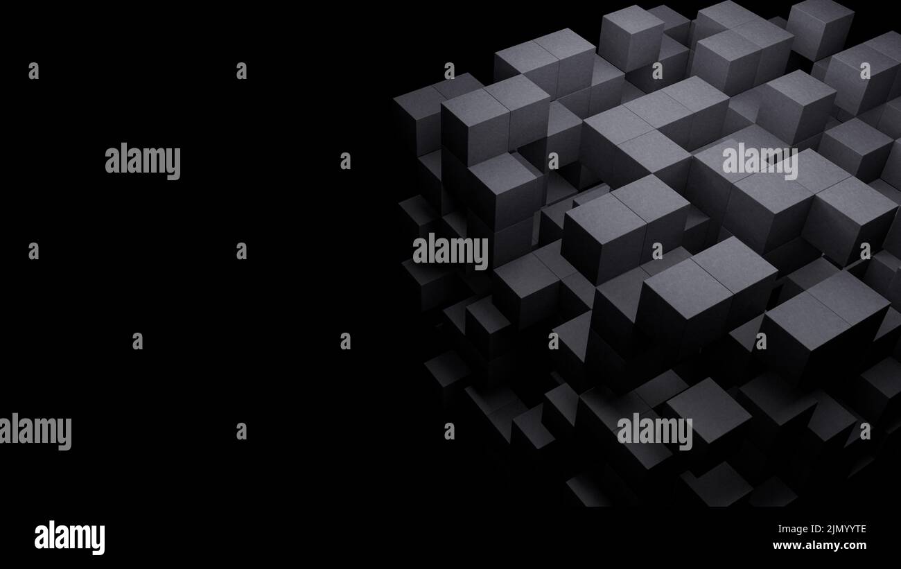 3d cubo de tecnología abstracta negro sobre fondo oscuro vacío. Bloque digital, edificio, ciencia, concepto de estructura. Ilustración 3D de alta calidad Foto de stock