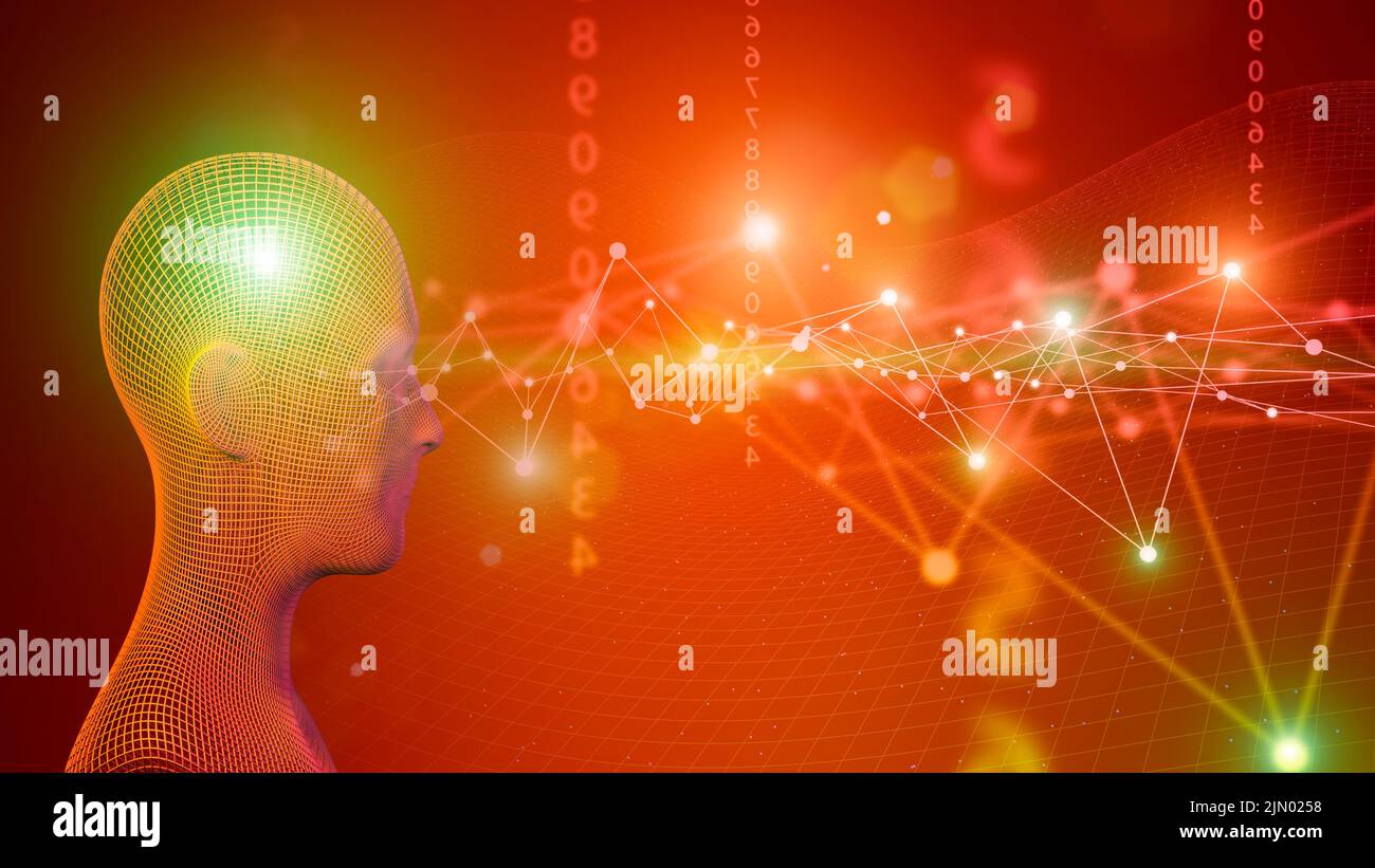 cabezal de tecnología 3d con fondo de red digital abstracto de neón. IA, mente humana, ciencia, concepto cerebral. . Ilustración 3D de alta calidad Foto de stock