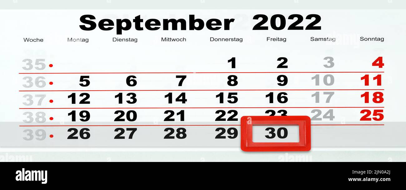 Deutscher Kalender Datum 30. Septiembre 2022 Freitag Foto de stock