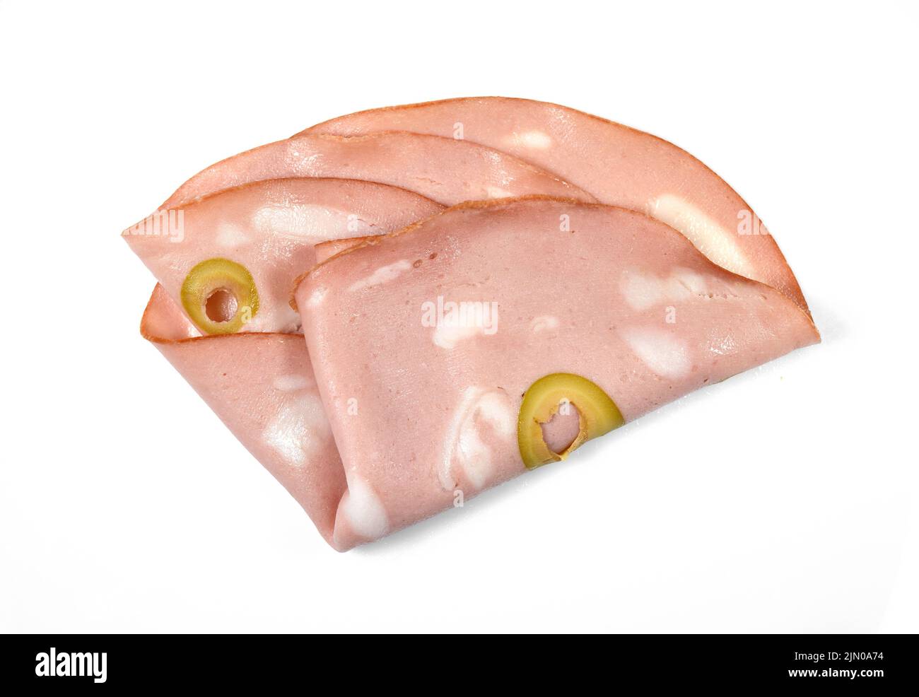 Rodajas de Mortadella de Sausage con aceitunas aisladas sobre fondo