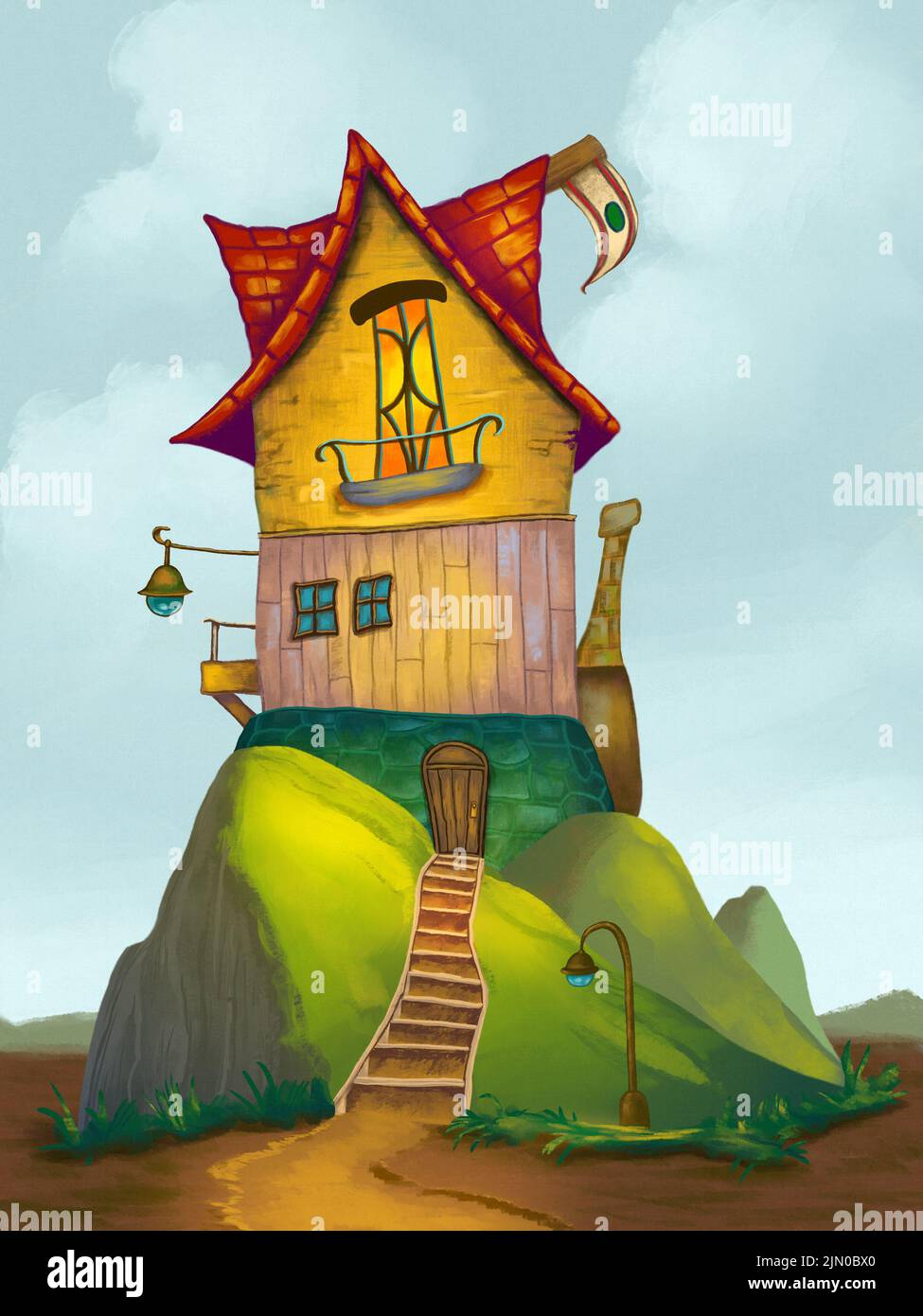 Casa de fantasía estilizada en un paisaje colorido. Ilustración digital. Foto de stock