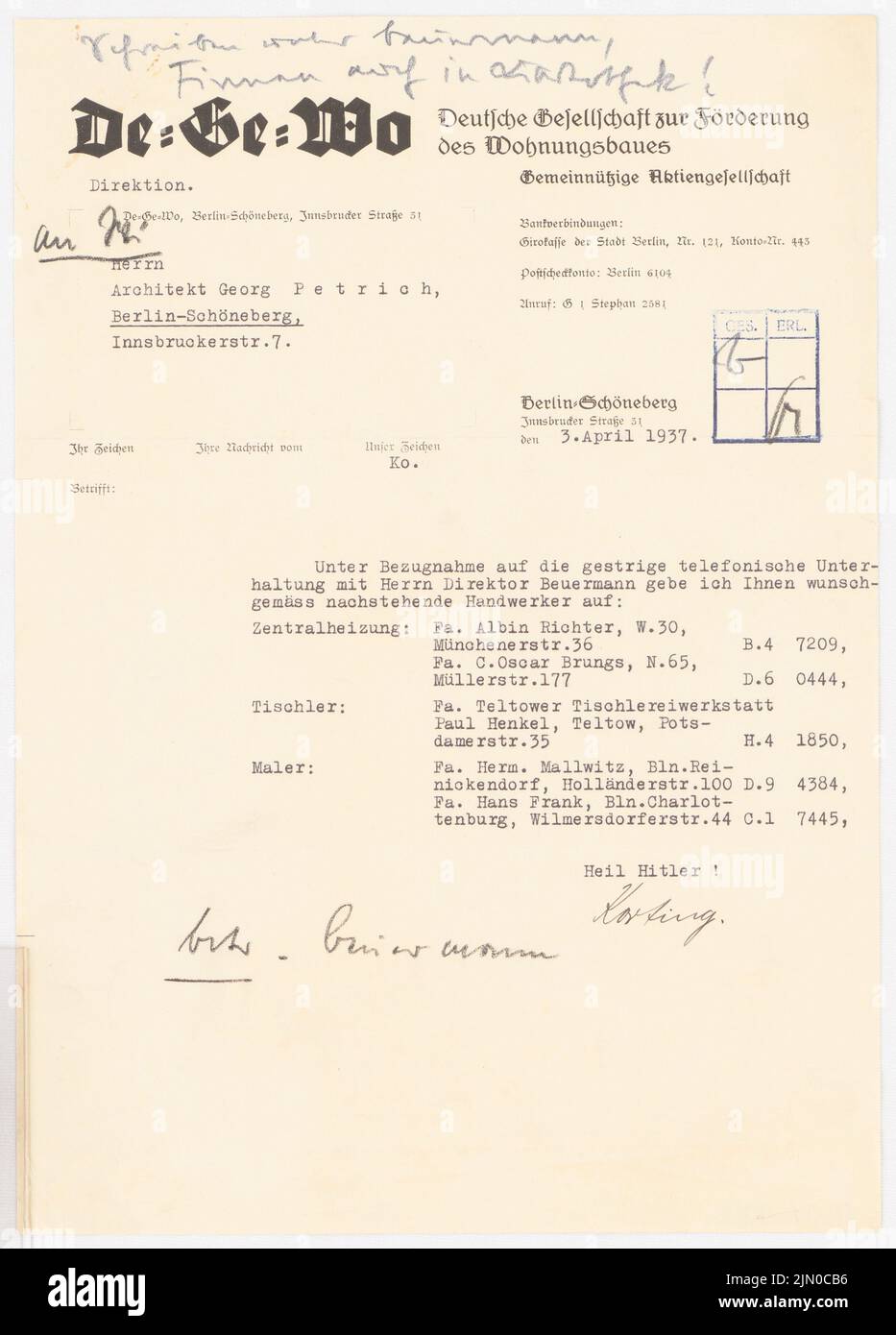 Böhmer Franz (1907-1943), director holandés Beuermann en Kleinmachnow (03.04.1937): Concurso del DE-GO. Tinta, máquina de escribir sobre papel, 30,3 x 21,8 cm (incluidos los bordes de escaneo) Böhmer & Petrich : Wohnhaus Direktor Beuermann, Kleinmachnow Foto de stock