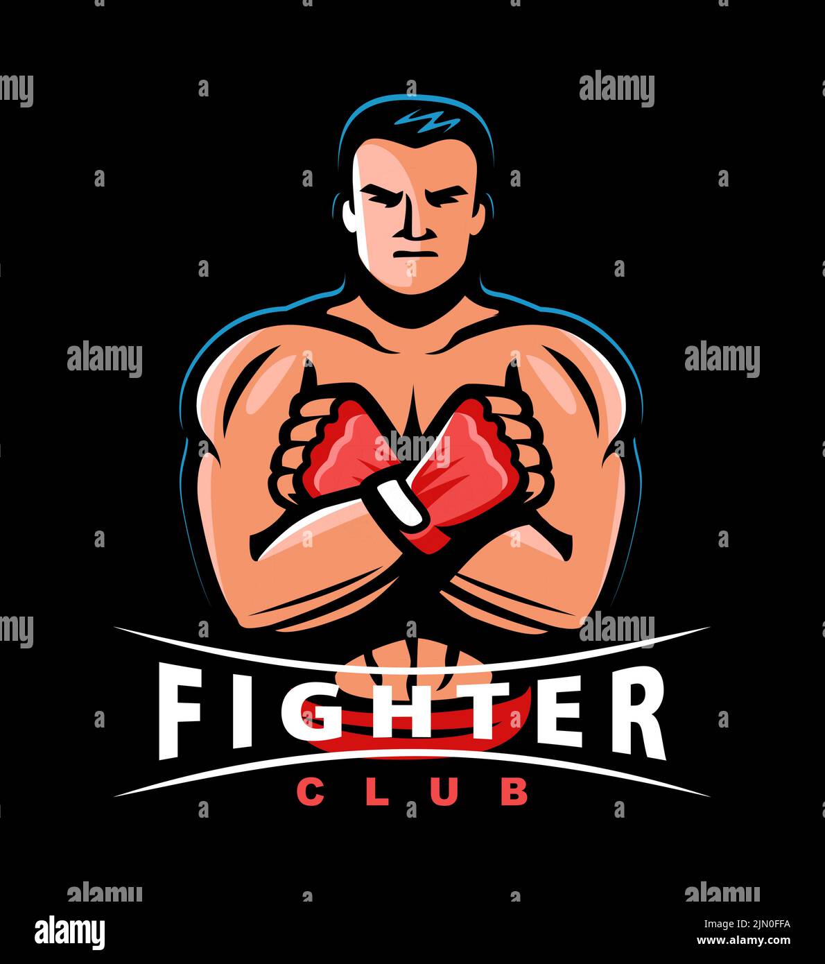 Luchador con guantes de boxeo emblema deportivo. Boxer muscular, luchador, bodybuilder diseño de logotipo de la mascota. Ilustración vectorial Ilustración del Vector