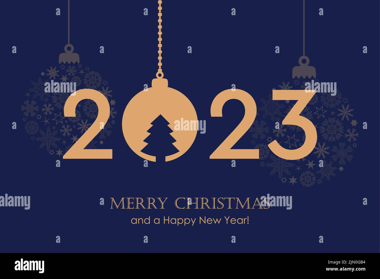 feliz año nuevo 2023 tipografía con la bola de navidad colgante Ilustración del Vector