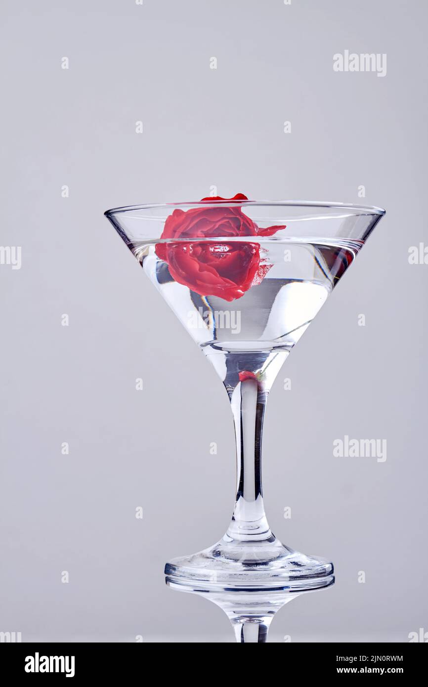Toma vertical de cóctel con flor roja. Bebida alcohólica transparente. Foto de stock