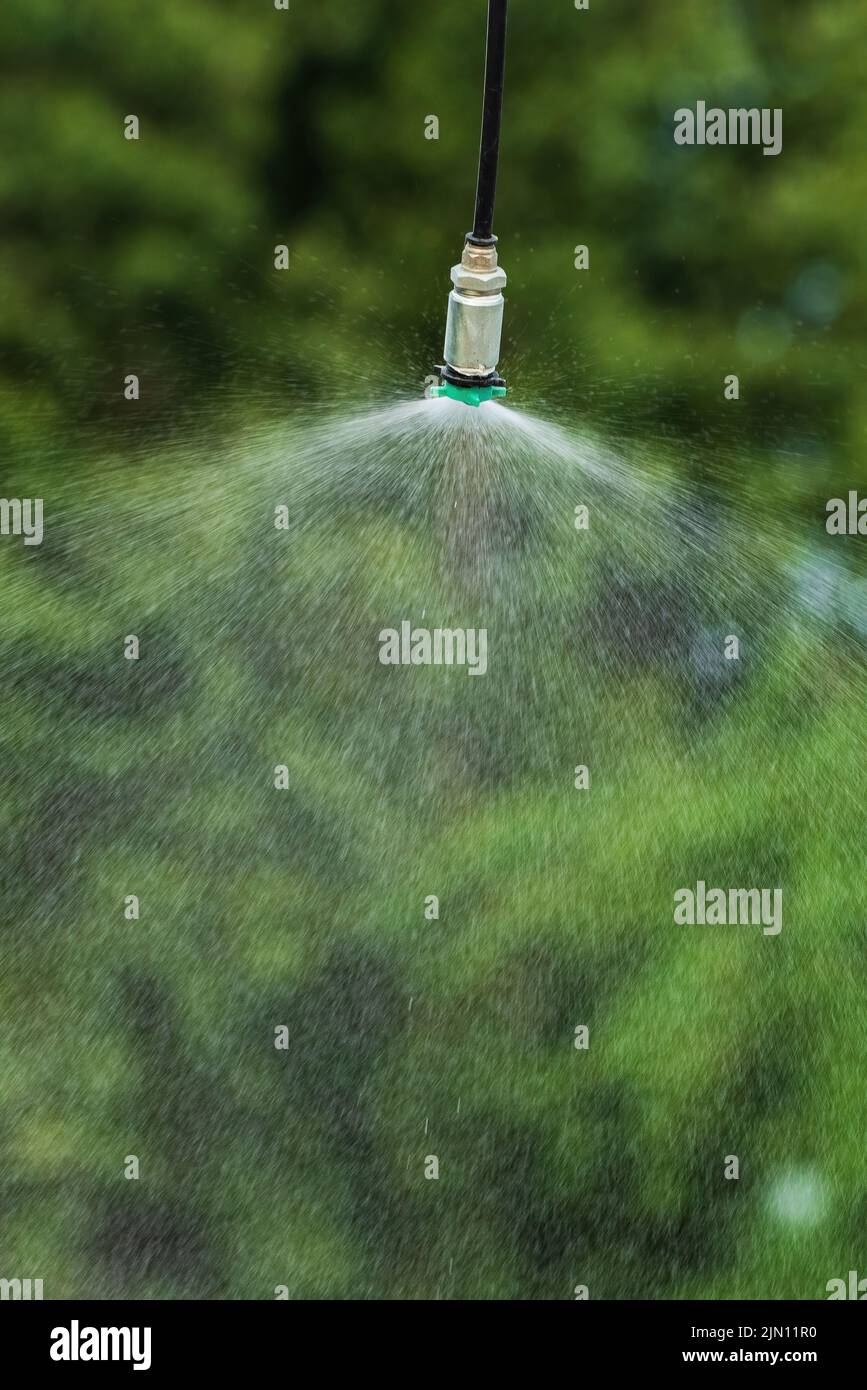 Imagen vertical de rociador agrícola rociando agua al aire libre en el jardín Foto de stock