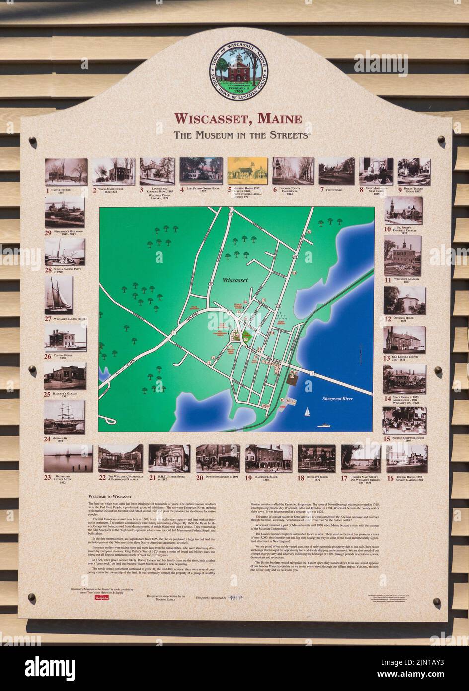 Museo en el mapa de calles en Wiscasset Maine Foto de stock