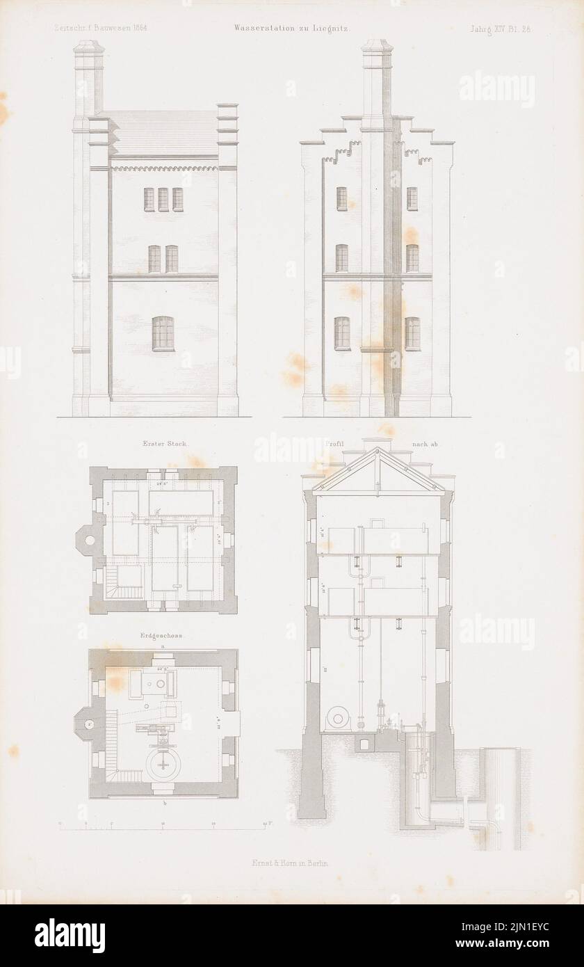 N.N., estación de agua, Liegnitz. (De: Atlas a la revista para la construcción, ed. V. G. Erbkam, nacido el 14 de 1864.) (1864-1864): Grundriss eg, 1st piso, vistas, corte una B. puntada en el papel, 45,2 x 29,2 cm (incluyendo bordes de escaneo) N.N. : Wasserstation, Liegnitz. (AUS: Atlas zur Zeitschrift für Bauwesen, hrsg. v. G. Erbkam, JG. 14, 1864) Foto de stock