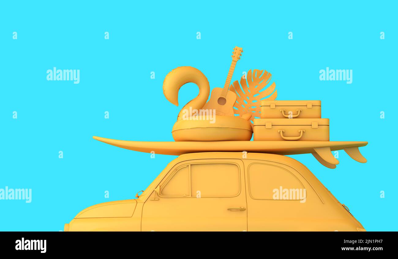 Coche retro amarillo vintage con una tabla de surf y una maleta de vacaciones en el techo. Viaje por carretera vacaciones de fondo. Renderizado 3D Foto de stock