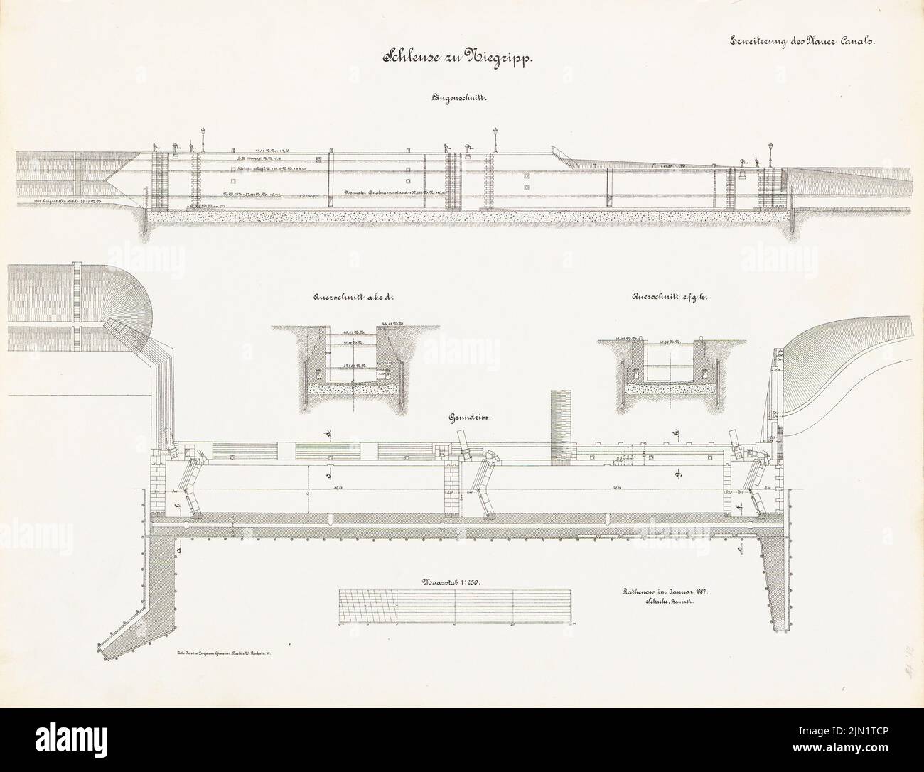 N.N., Expansión del Canal Plauer (01,1887): Schleuse, Niegripp: Plano y cortes 1: 250. Litografía sobre papel, 48,6 x 63,4 cm (incluidos los bordes de escaneado) N.N. : Erweiterung des Plauer Kanals. Schleuse, Niegripp Foto de stock