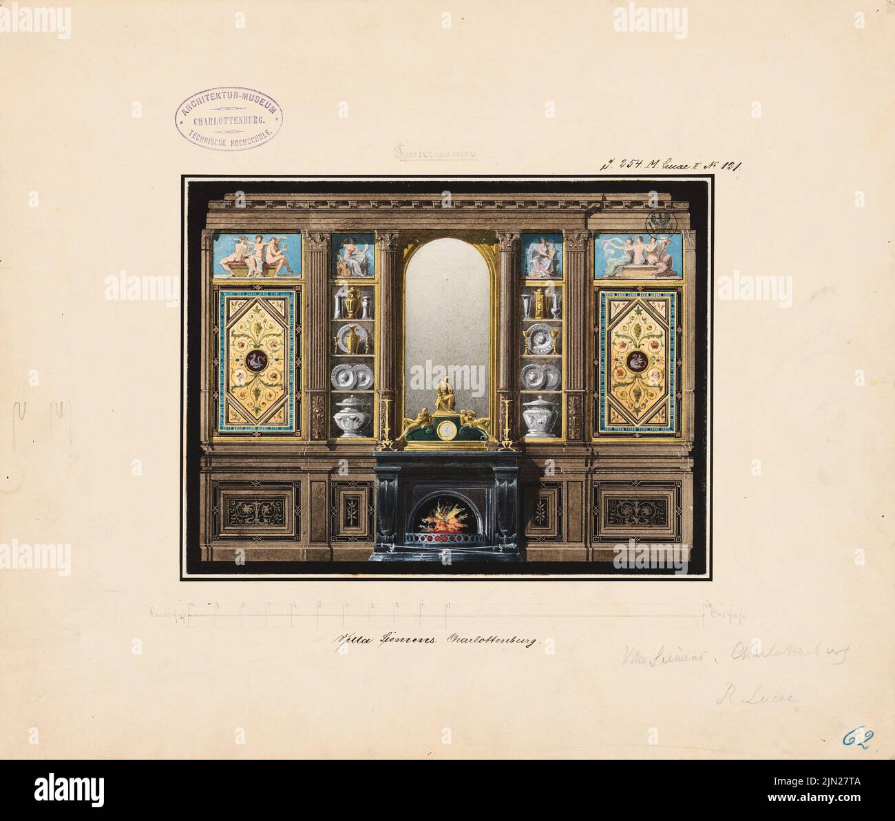 Lucae Richard (1829-1877), Villa Werner Siemens, Berlín-Charlottenburg: Ver Kaminwand en el comedor. Acuarela Tusche sobre papel, 31,7 x 37,3 cm (incluidos los bordes de escaneo) Foto de stock