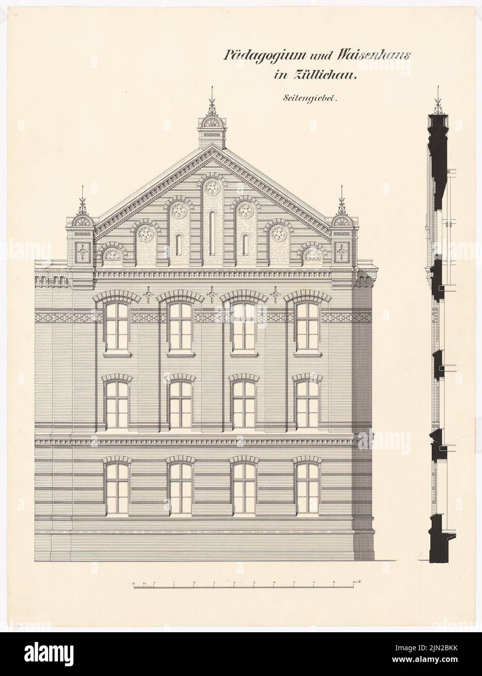 Knoblauch & Wex, pedagogía real y orfanato, Züllichau: Frontón lateral superior, corte vertical de fachada. Tinta sobre cartón, 62,8 x 47,9 cm (incluidos los bordes de escaneado) Foto de stock