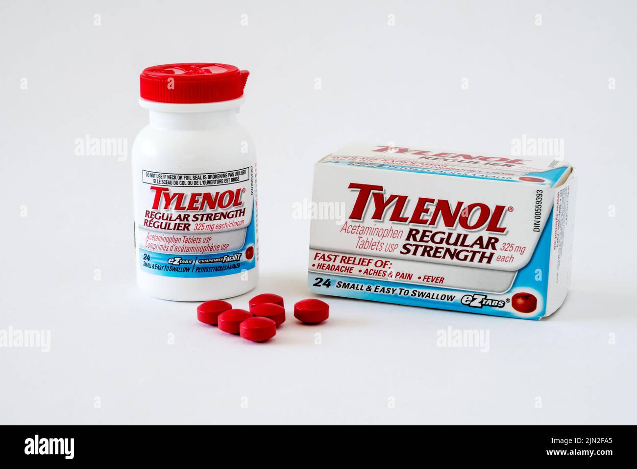 Tylenol Tabletas regulares de acetaminofén. Foto de stock
