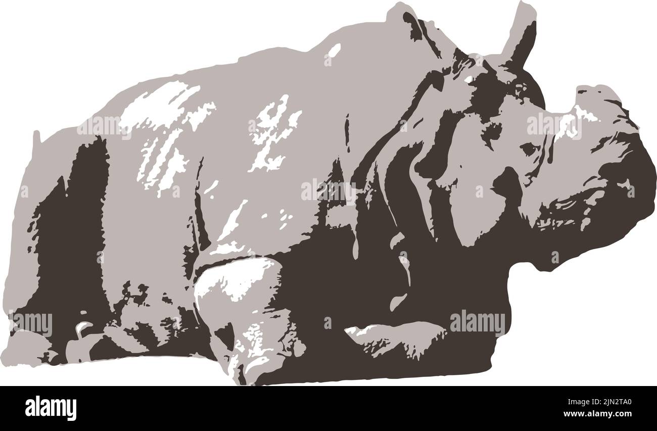 Dibujo de rinoceronte para estampado de sellos y camisetas. Merchandising de conservación de animales salvajes. Rinoceronte africano. Pegatinas y estampados de animales. Ilustración del Vector