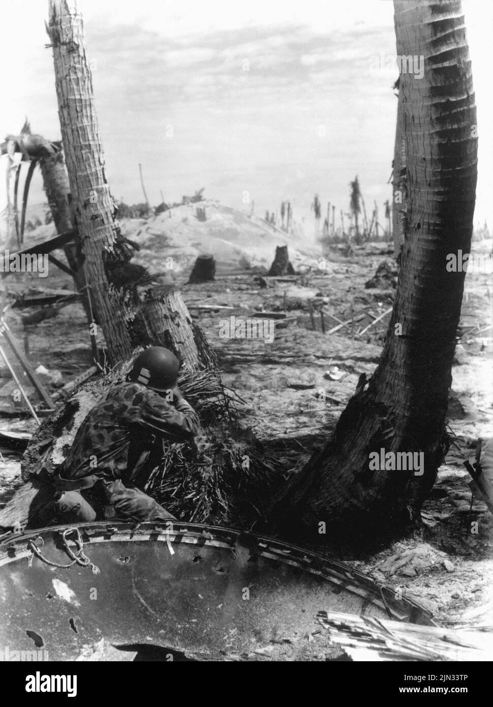 Un marino estadounidense disparando sobre una caja de picota japonesa desde detrás de un árbol destrozado durante la Batalla de Tarawa. Los desembarques en Tarawa fueron parte de la ofensiva estadounidense contra las islas del Pacífico en poder de Japón antes de prepararse para un ataque contra el continente japonés. Foto de stock