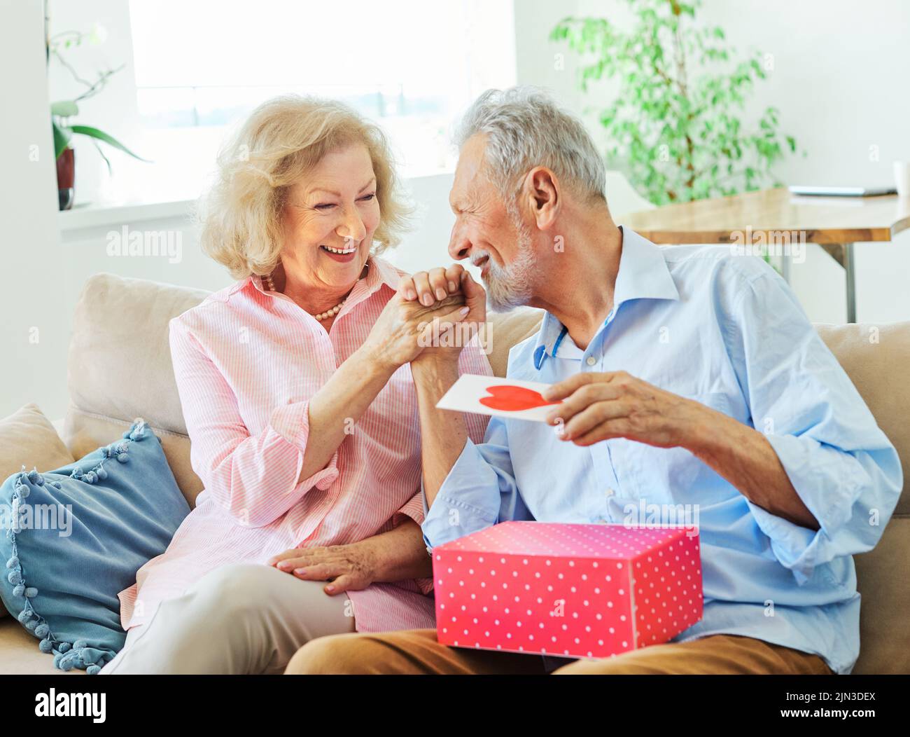 regalo mujer hombre pareja feliz amor felicidad presente beso romántico sonriendo juntos caja esposa marido anciano mayor maduro jubilado Foto de stock