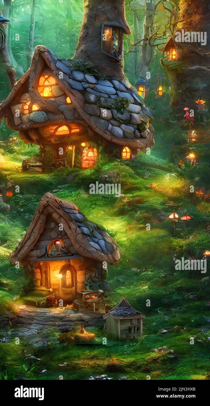 3d renderización de casitas de árbol de fantasía en bosque mágico Foto de stock