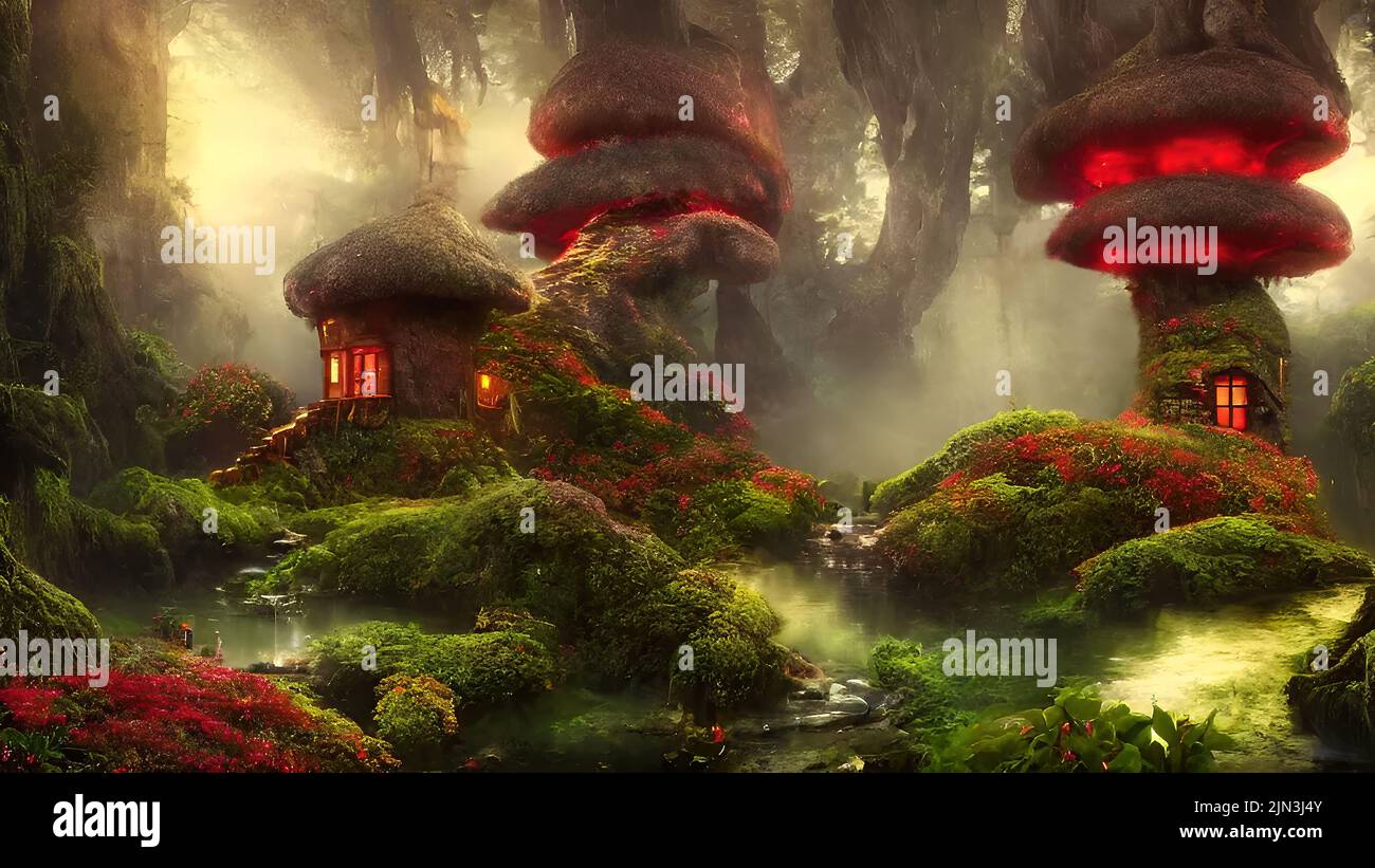 3d renderización de casitas de fantasía en forma de setas en el bosque mágico Foto de stock