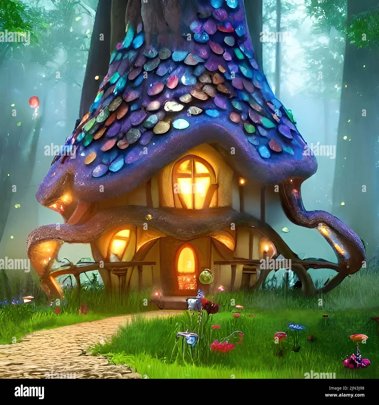 3d rendering de fantasía pequeña cabaña en forma de setas en el bosque mágico Foto de stock