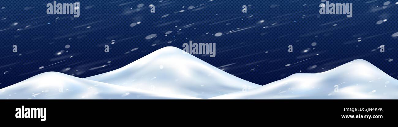 Montones de nieve en winter storm png, realista ilustración 3D sobre fondo transparente. Clima ventoso helado con copos de nieve borrosa volando en el aire. Paisaje panorámico del Polo Norte. Cuento de hadas de Navidad Ilustración del Vector
