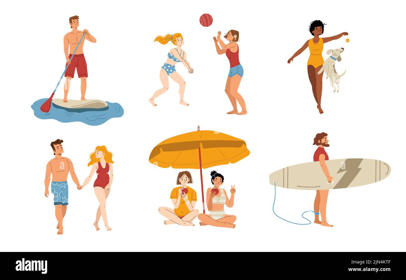 La gente descansa en la playa de verano, juega al voleibol, nade en tablas de surf, bebe cócteles bajo la sombrilla y camina. Vector ilustración plana de hombres y mujeres felices en traje de baño en vacaciones de resort Ilustración del Vector